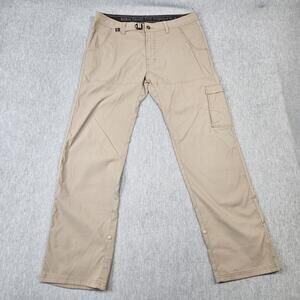 PrAna Pants Mens 35x32 Beige Stretch Zion Cargo Hiking Belted Roll Cuff